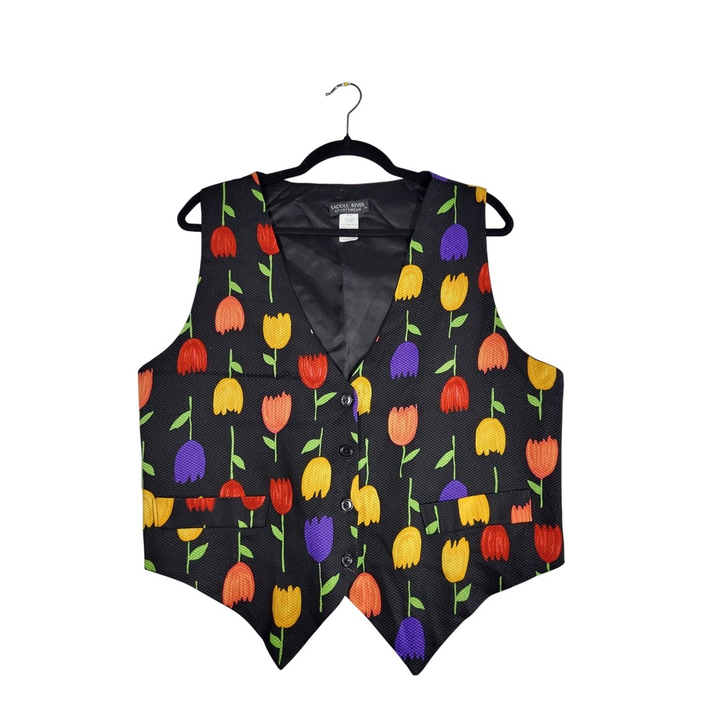 VTG‎ Tulip Print Vest Womens L Black Floral Cottagecore Garden Floral USA 90s